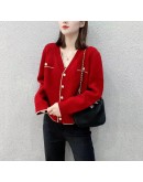 Autumn Women Knitted Cardigan Single Breasted Retro Long Sleeve  Knitwear Casual Loose Cropped Sweater Female Red Blue