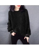  Fall Fluffy Sweater Women  Winter Warm Beading Pull over Cropped Jumpers Loose Knitted Jumper Black Clothes