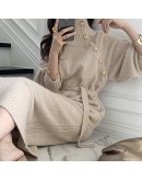  Autumn Winter Long Knitted Dress Women's Over Knee Lenght Sashes Swweater Dresses Elegant  Black Vestidos de Mujer