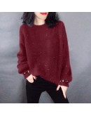  Fall Fluffy Sweater Women  Winter Warm Beading Pull over Cropped Jumpers Loose Knitted Jumper Black Clothes