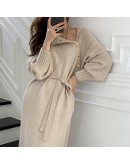  Autumn Winter Long Knitted Dress Women's Over Knee Lenght Sashes Swweater Dresses Elegant  Black Vestidos de Mujer