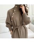  Autumn Winter Long Knitted Dress Women's Over Knee Lenght Sashes Swweater Dresses Elegant  Black Vestidos de Mujer