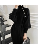  Autumn Winter Long Knitted Dress Women's Over Knee Lenght Sashes Swweater Dresses Elegant  Black Vestidos de Mujer