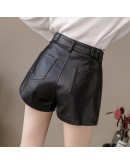 Black Shorts Women PU Faux Leather Shorts Autumn Winter High Waist Woman Shorts Wide Leg Short Pants Side Zipper Women's Shorts