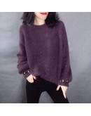  Fall Fluffy Sweater Women  Winter Warm Beading Pull over Cropped Jumpers Loose Knitted Jumper Black Clothes