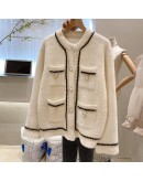 Faux Mink Fur Cardigan for Women Autumn Wimter  Style Outerwear Knit Coat Single Breasted Black Crop Swearer Pockets