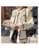 Faux Mink Fur Cardigan for Women Autumn Wimter  Style Outerwear Knit Coat Single Breasted Black Crop Swearer Pockets