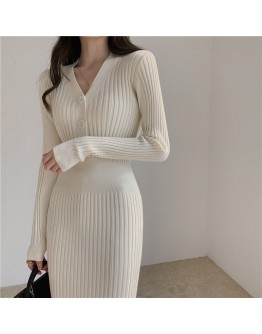 Autumn Winter Knitted Dress Women's V-Neck Long Sheath Sweater Dress Sexy Slim Fit Bodycon Soft Chic Button Femme Vestidos