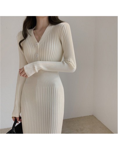 Autumn Winter Knitted Dress Women's V-Neck Long Sheath Sweater Dress Sexy Slim Fit Bodycon Soft Chic Button Femme Vestidos