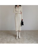 Autumn Winter Knitted Dress Women's V-Neck Long Sheath Sweater Dress Sexy Slim Fit Bodycon Soft Chic Button Femme Vestidos