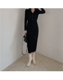 Autumn Winter Knitted Dress Women's V-Neck Long Sheath Sweater Dress Sexy Slim Fit Bodycon Soft Chic Button Femme Vestidos