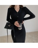 Autumn Winter Knitted Dress Women's V-Neck Long Sheath Sweater Dress Sexy Slim Fit Bodycon Soft Chic Button Femme Vestidos