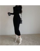 Autumn Winter Knitted Dress Women's V-Neck Long Sheath Sweater Dress Sexy Slim Fit Bodycon Soft Chic Button Femme Vestidos