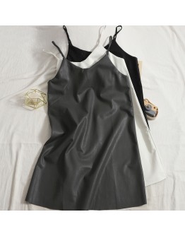 Brief V-Neck Spaghetti Strap PU Leather Dress Spring Autumn Sleeveless Dresses Sexy Club Streetwear Vestido Feminino