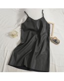 Brief V-Neck Spaghetti Strap PU Leather Dress Spring Autumn Sleeveless Dresses Sexy Club Streetwear Vestido Feminino