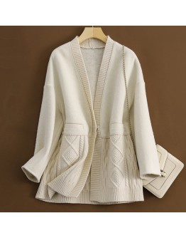  Knitted Cardigan Coat Spring Autumn V-Neck Elegant Midi Cropped Cardigan High  white Sweater Plus Size