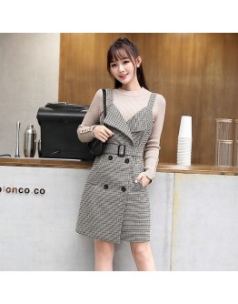  Style Sleeveless Dress for Women Double Breasted Sashes Houndstooth Vest Dresses Spring Autumn Woolen Vestido de Mujer