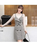  Style Sleeveless Dress for Women Double Breasted Sashes Houndstooth Vest Dresses Spring Autumn Woolen Vestido de Mujer