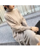  Autumn Winter Vintage Turtleneck Sweater Dress Women's Loose Long Sashes Knitted Dresses Elegant Black Maxi Vestidos Mujer