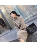  Autumn Winter Vintage Turtleneck Sweater Dress Women's Loose Long Sashes Knitted Dresses Elegant Black Maxi Vestidos Mujer