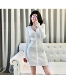 Autumn Sexy V-Neck Mini Knitted Dress Women Spring Long Sleeve Side Draw String Single Breasted Hip Package Sweater Dress