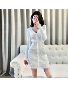 Autumn Sexy V-Neck Mini Knitted Dress Women Spring Long Sleeve Side Draw String Single Breasted Hip Package Sweater Dress