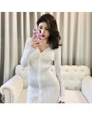 Autumn Sexy V-Neck Mini Knitted Dress Women Spring Long Sleeve Side Draw String Single Breasted Hip Package Sweater Dress