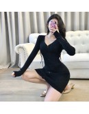 Autumn Sexy V-Neck Mini Knitted Dress Women Spring Long Sleeve Side Draw String Single Breasted Hip Package Sweater Dress