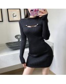 Minimalist Knitting Half Turtleneck Women's Sweater Sheath Dresses Autumn Long Sleeve Sexy Hollow Out Mini Bodycon Dress