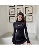 Minimalist Knitting Half Turtleneck Women's Sweater Sheath Dresses Autumn Long Sleeve Sexy Hollow Out Mini Bodycon Dress