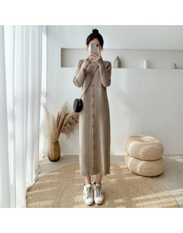 Half Turtleneck Loose Long Knitted Dress Fall Winter Single Breasted Sweater Dresses Straight Maxi Harajuku Vestidos Mujer