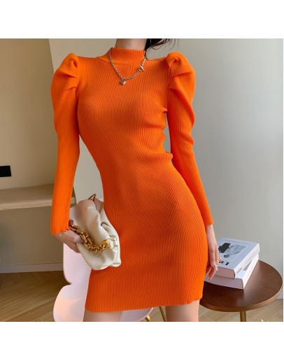  Autumn Winter Knitted Wrap Dresses Half High Collar Puff Sleeve Chic Sheath Bodycon Sexy Club Mini Sweater Dress