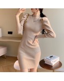  Autumn Winter Knitted Wrap Dresses Half High Collar Puff Sleeve Chic Sheath Bodycon Sexy Club Mini Sweater Dress