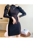  Autumn Winter Knitted Wrap Dresses Half High Collar Puff Sleeve Chic Sheath Bodycon Sexy Club Mini Sweater Dress