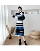  Autumn Winter Striped Knitted Dress Women Elegant Bottom Long Sweater Dresses  Long Sleeve Vestido De Mujer