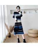  Autumn Winter Striped Knitted Dress Women Elegant Bottom Long Sweater Dresses  Long Sleeve Vestido De Mujer