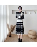  Autumn Winter Striped Knitted Dress Women Elegant Bottom Long Sweater Dresses  Long Sleeve Vestido De Mujer