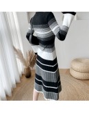  Autumn Winter Striped Knitted Dress Women Elegant Bottom Long Sweater Dresses  Long Sleeve Vestido De Mujer