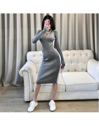  Chic Autumn Midi Knitted Dresses Women's Spring Vintage Long Sleeve Elastic Sheath Dress Hit Color Party Sweater Vestido