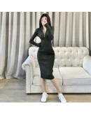  Chic Autumn Midi Knitted Dresses Women's Spring Vintage Long Sleeve Elastic Sheath Dress Hit Color Party Sweater Vestido