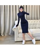  Chic Autumn Midi Knitted Dresses Women's Spring Vintage Long Sleeve Elastic Sheath Dress Hit Color Party Sweater Vestido