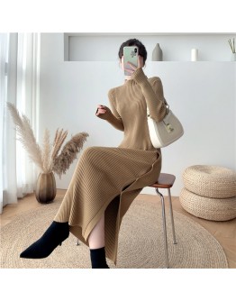 Sweater Dress Women Knitted Half Turtleneck Solid Autumn Winter Knit Female Dress Side Button Slit Loose Long Vestidos Dresses