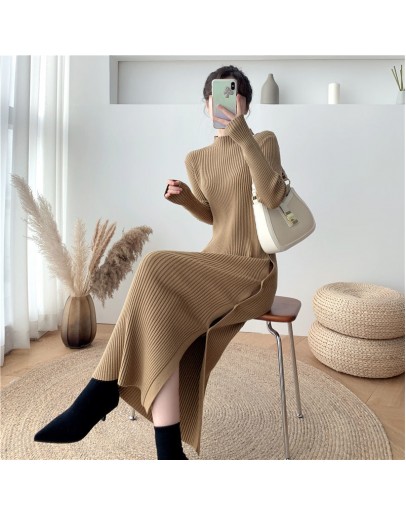 Sweater Dress Women Knitted Half Turtleneck Solid Autumn Winter Knit Female Dress Side Button Slit Loose Long Vestidos Dresses