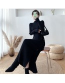 Sweater Dress Women Knitted Half Turtleneck Solid Autumn Winter Knit Female Dress Side Button Slit Loose Long Vestidos Dresses