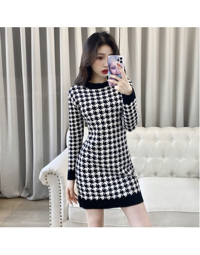 Houndstooth Knitting Turtleneck Women's Sweater Dresses  Autumn Winter Long Sleeve Mini Bodycon Sheath Dress Vestido