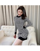 Houndstooth Knitting Turtleneck Women's Sweater Dresses  Autumn Winter Long Sleeve Mini Bodycon Sheath Dress Vestido