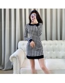 Houndstooth Knitting Turtleneck Women's Sweater Dresses  Autumn Winter Long Sleeve Mini Bodycon Sheath Dress Vestido