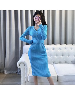 Autumn Women's Knitted Dress V-Neck Sexy Sheath Dresses  Spring Long Sleeve Pink Black Long Party Vestido Mujer