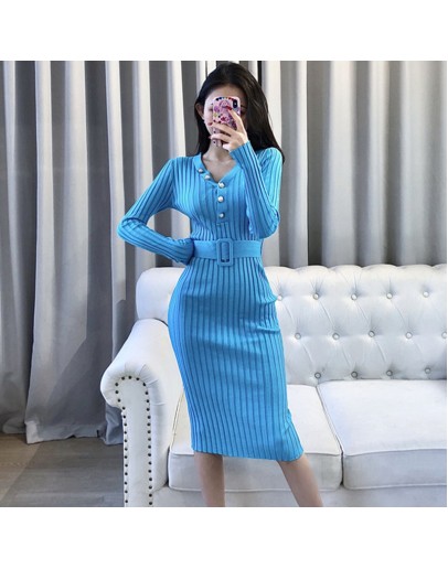 Autumn Women's Knitted Dress V-Neck Sexy Sheath Dresses  Spring Long Sleeve Pink Black Long Party Vestido Mujer