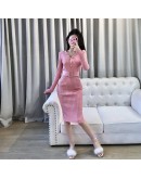 Autumn Women's Knitted Dress V-Neck Sexy Sheath Dresses  Spring Long Sleeve Pink Black Long Party Vestido Mujer